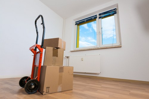 Packed office equipment ready for transport in East London